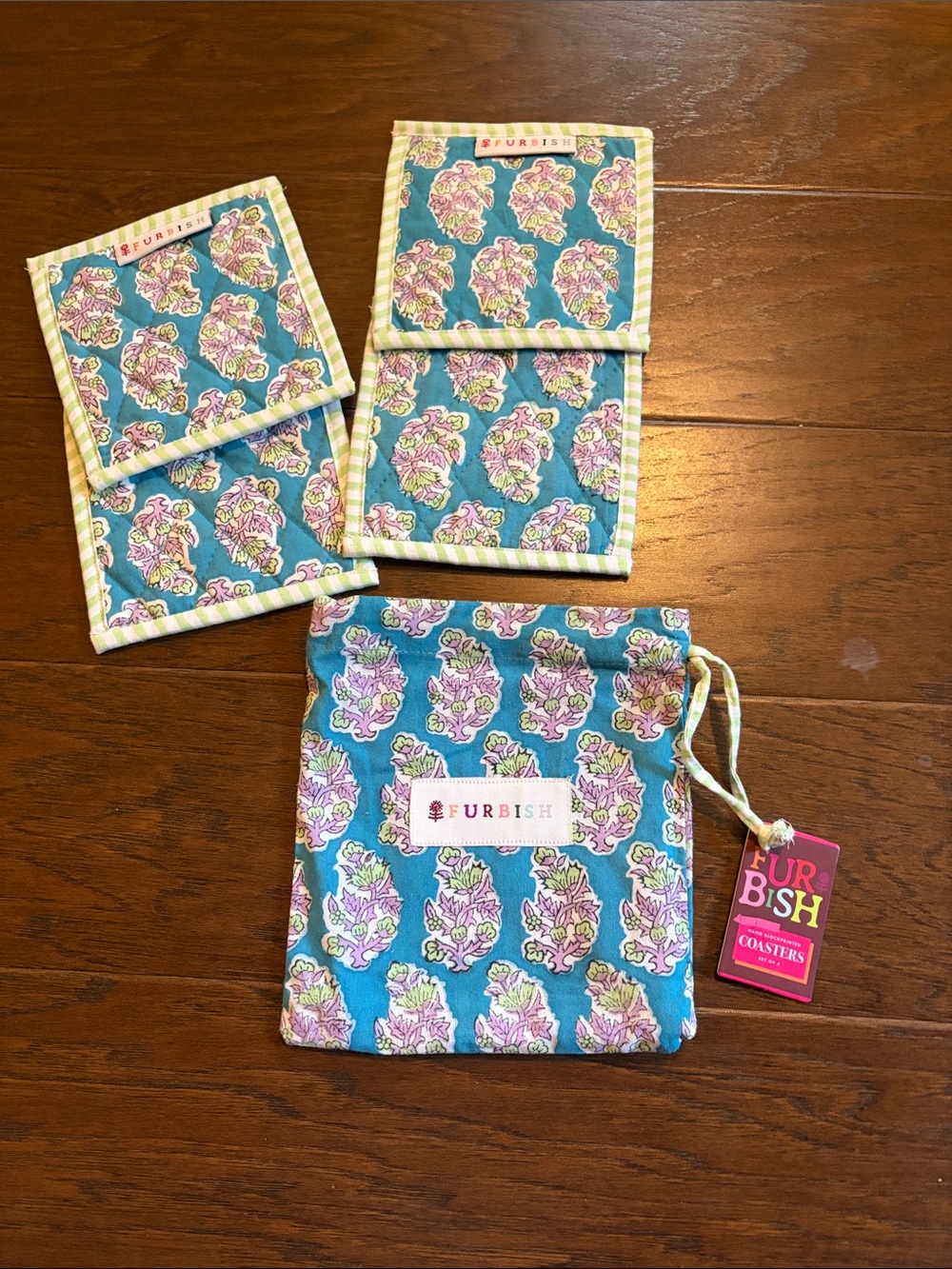 NWT Furbish Floral Blue Sustainable Coaster Set w Drawstring Pouch, Hand Printed